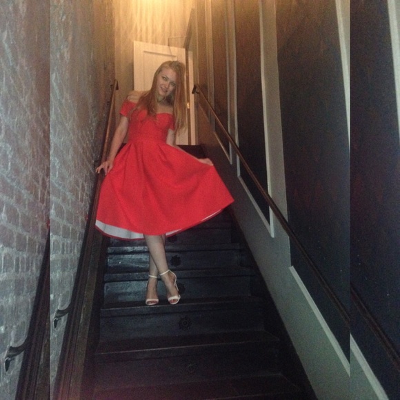 💃 Asos Off The Shoulder Sweetheart Bardot Red Prom A-line Full Skirt Dress - Picture 10 of 11